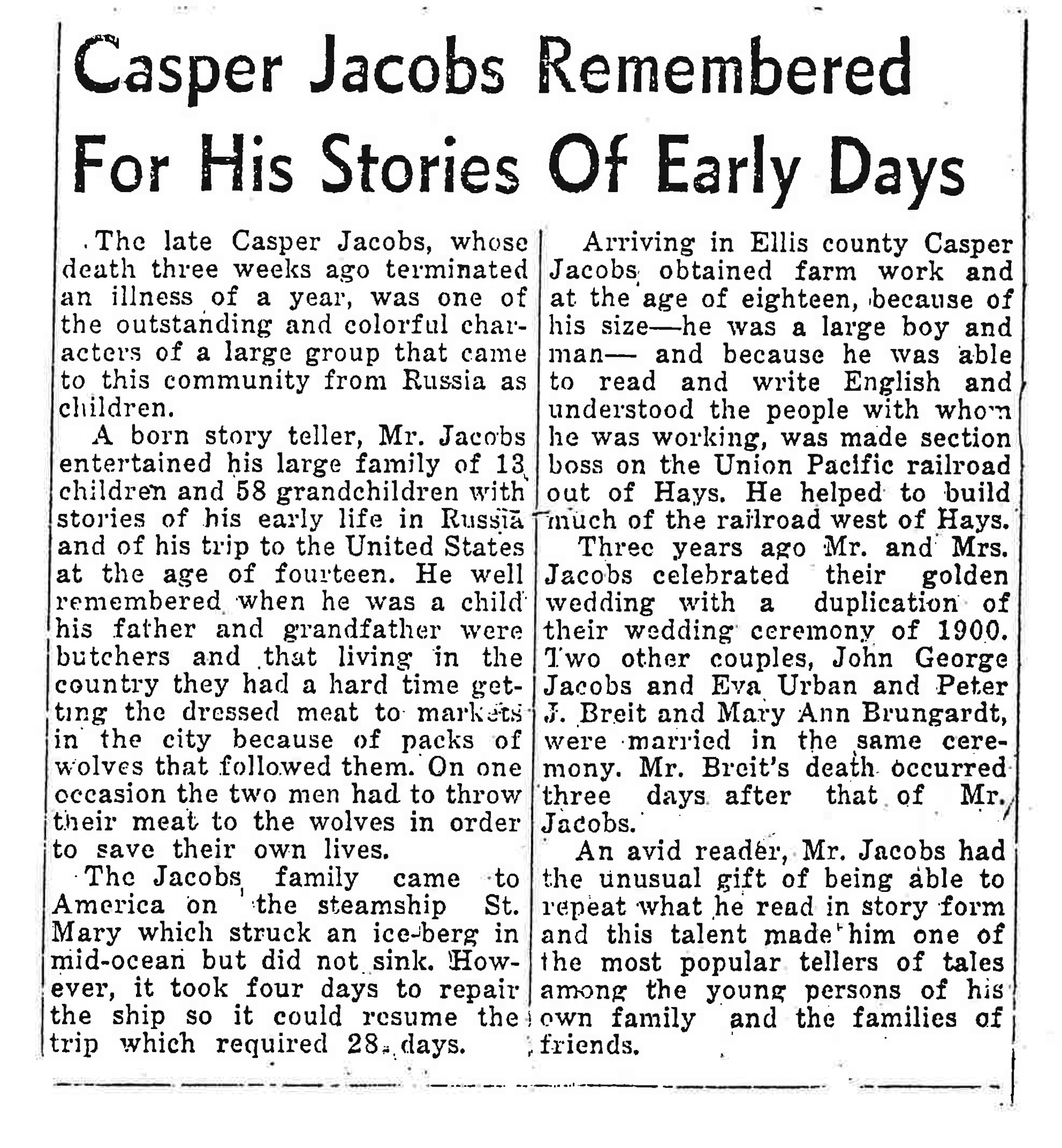 Casper Jacobs Newspaper Article